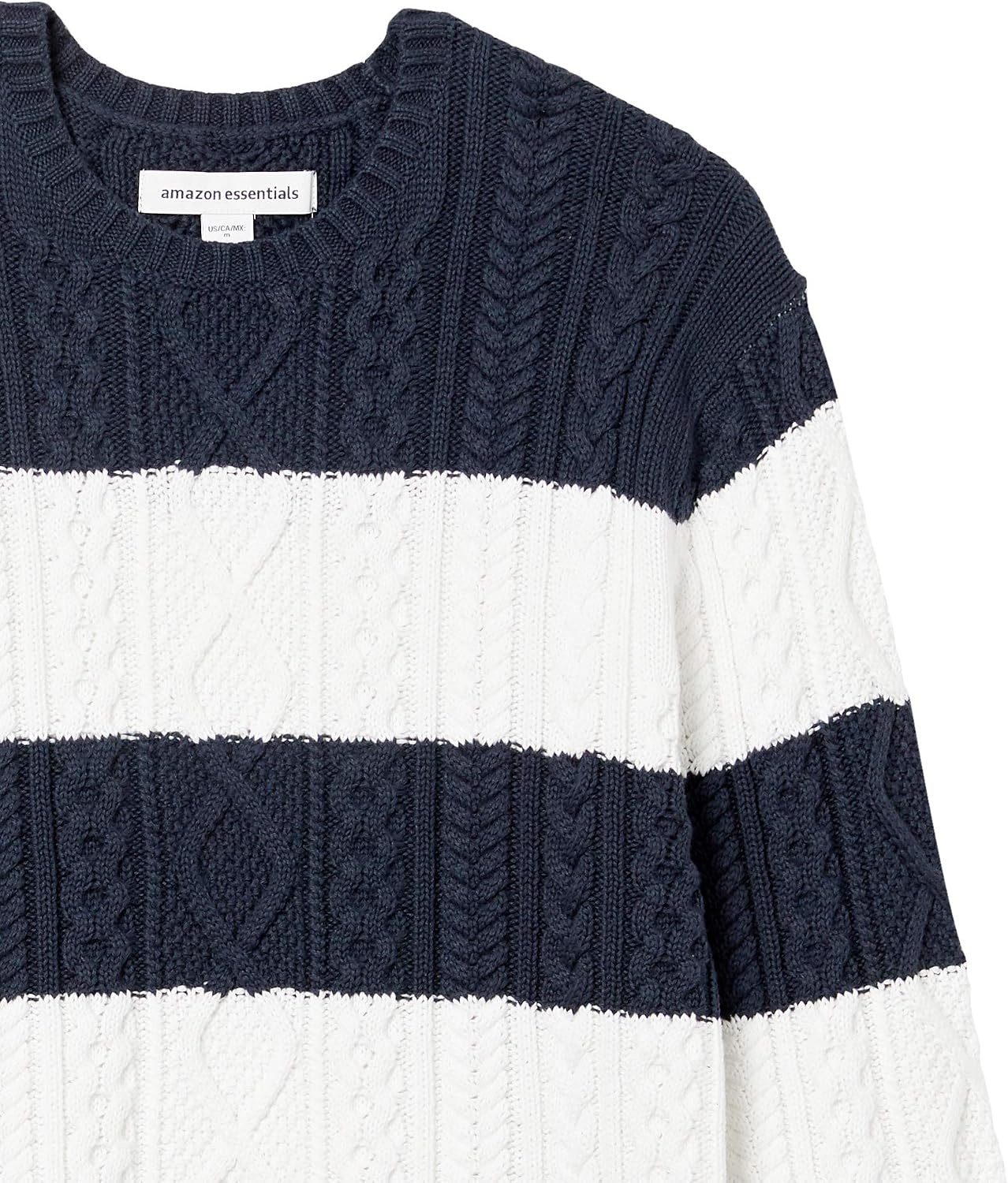 image:imageAmazon Essentials Mens LongSleeve 100 Cotton Fisherman Cable Crewneck SweaterNavy White Rugby Stripe