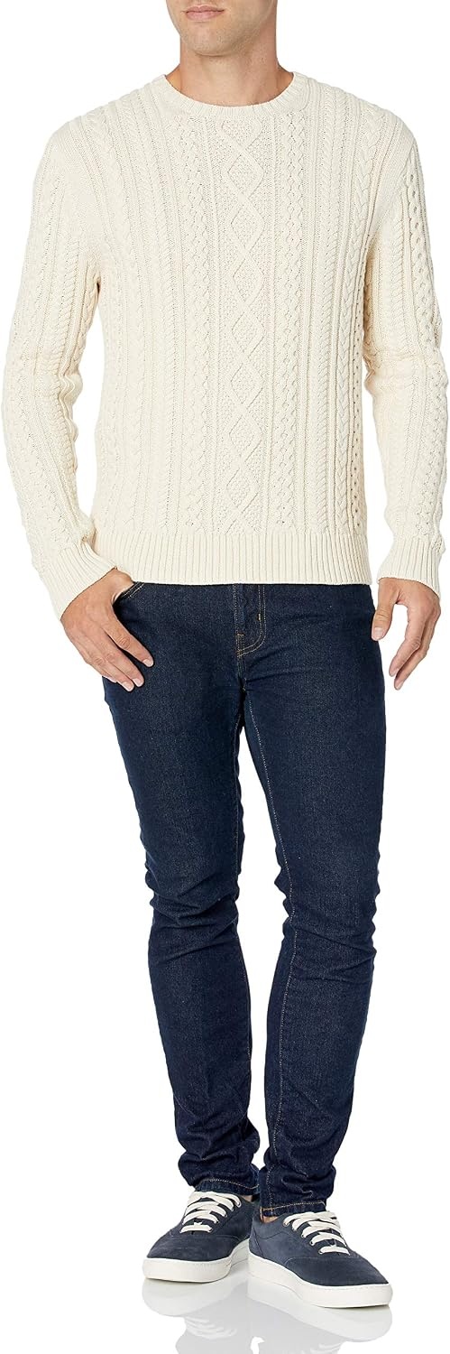 image:imageAmazon Essentials Mens LongSleeve 100 Cotton Fisherman Cable Crewneck SweaterOffwhite