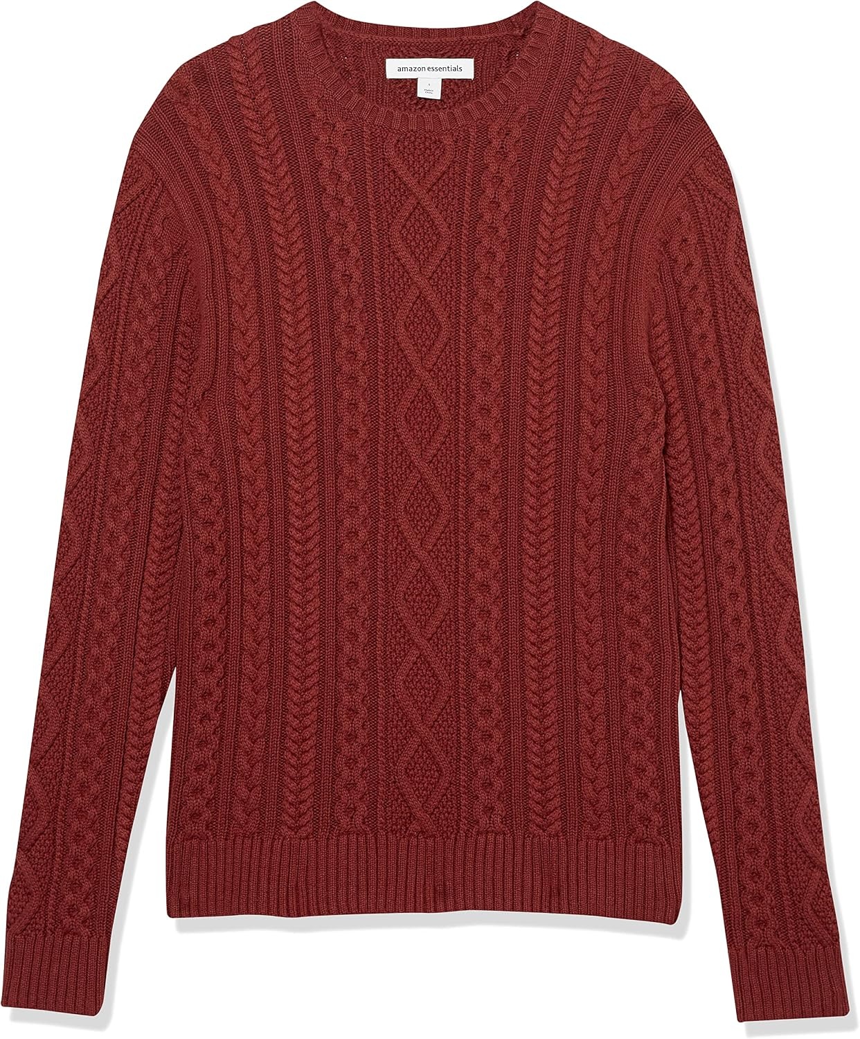 image:imageAmazon Essentials Mens LongSleeve 100 Cotton Fisherman Cable Crewneck SweaterOxblood