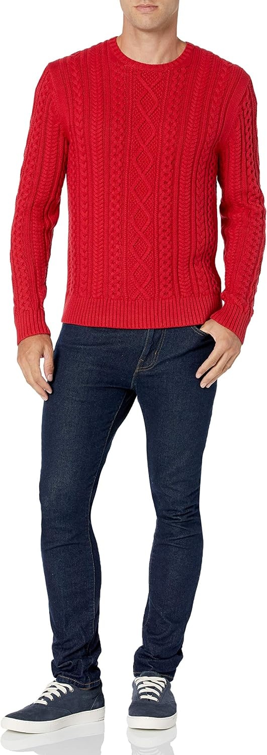 image:imageAmazon Essentials Mens LongSleeve 100 Cotton Fisherman Cable Crewneck SweaterRed