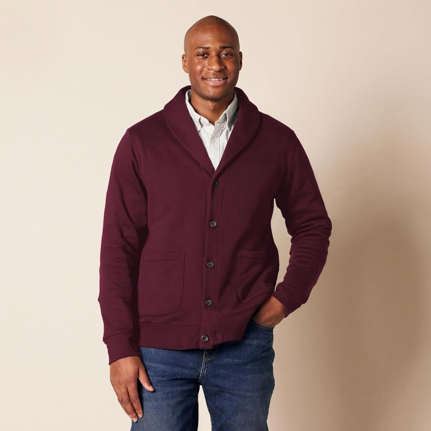 image:imageAmazon Essentials Mens LongSleeve Cardigan With ShawlCollarBurgundy