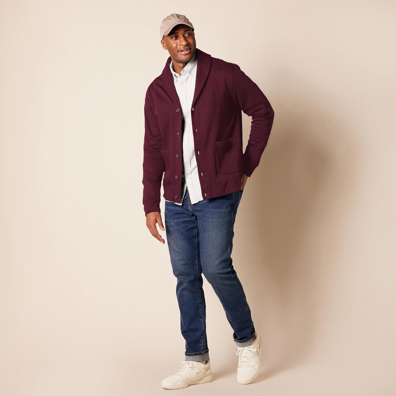 image:imageAmazon Essentials Mens LongSleeve Cardigan With ShawlCollarBurgundy