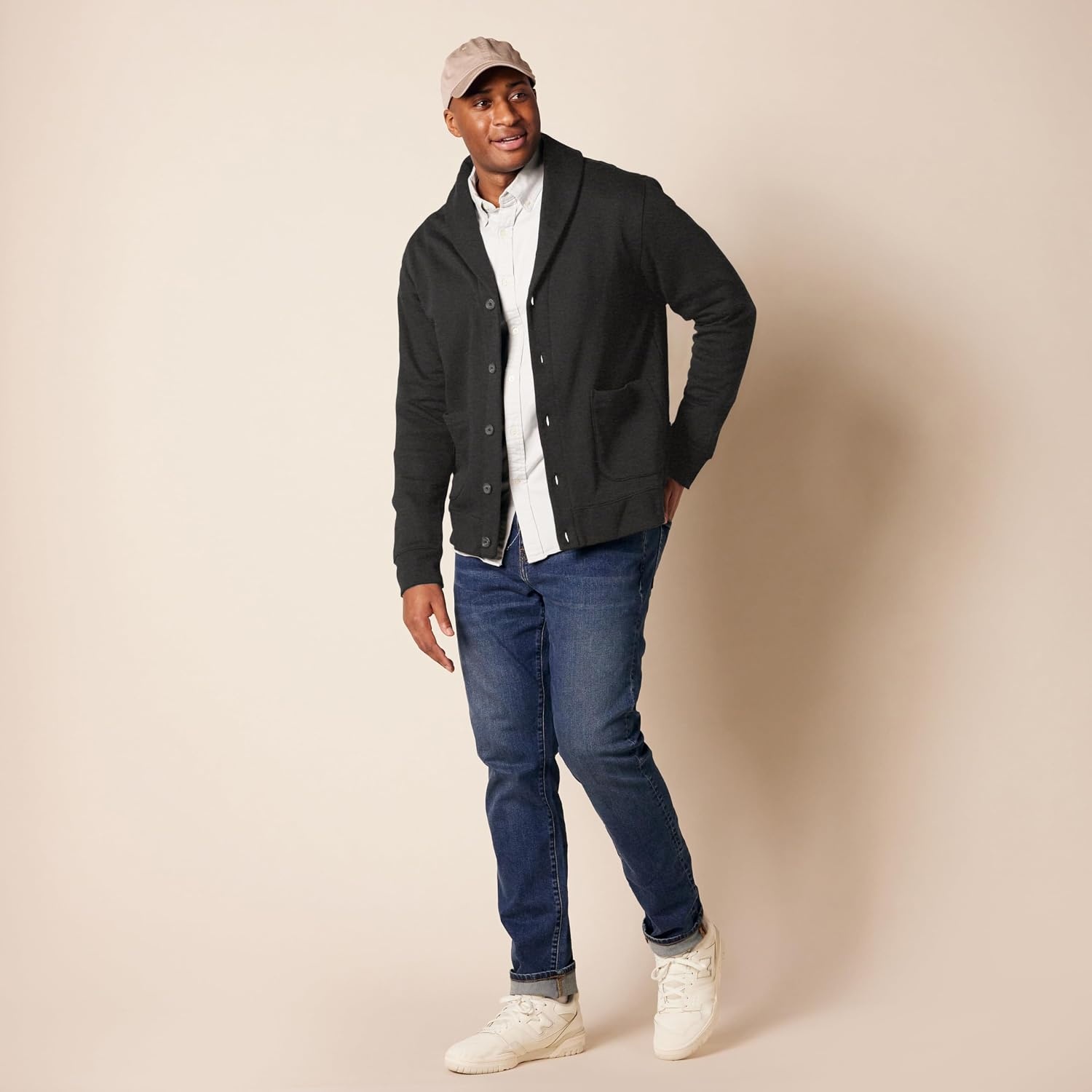 image:imageAmazon Essentials Mens LongSleeve Cardigan With ShawlCollarCharcoal Heather
