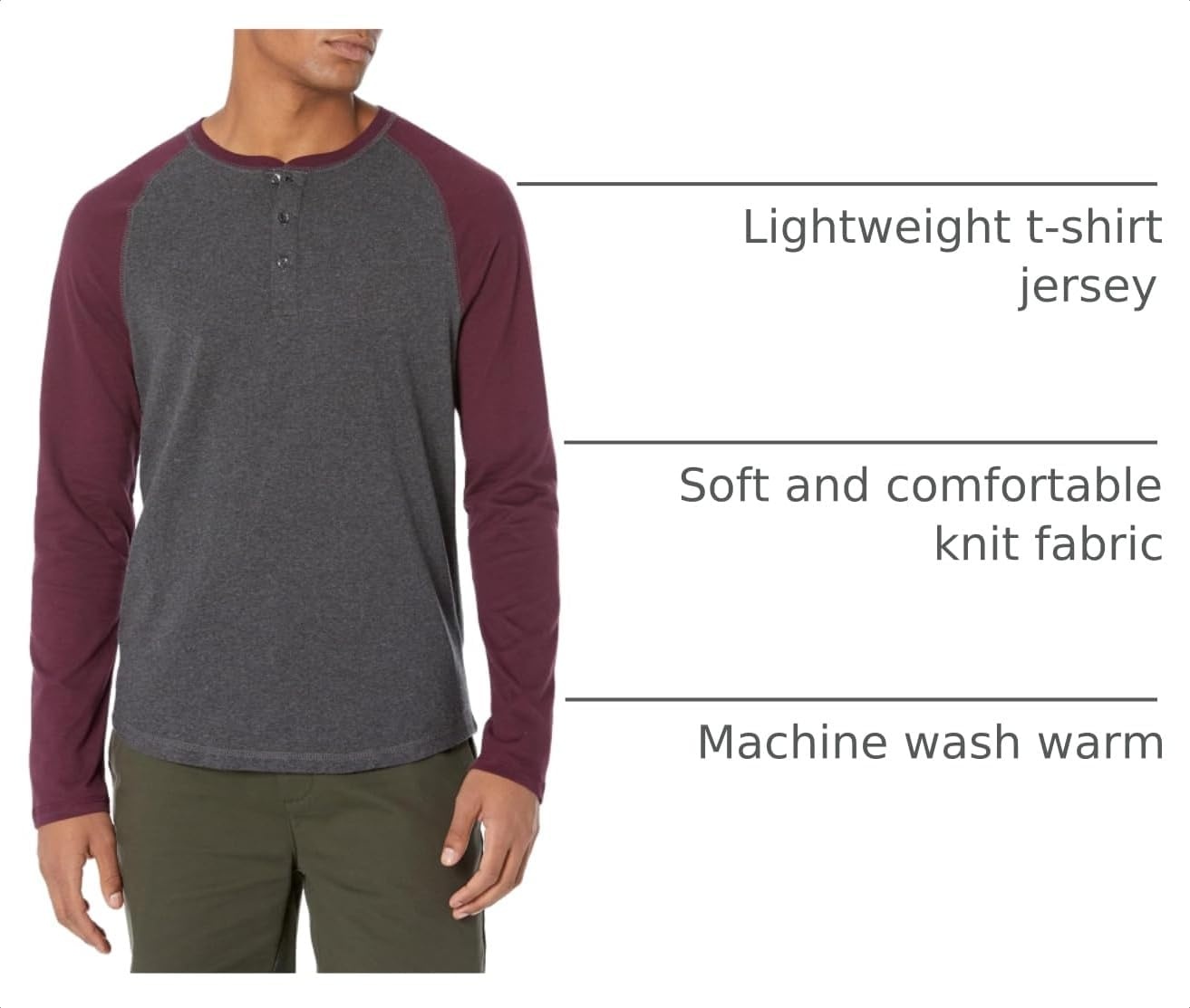 image:imageAmazon Essentials Mens LongSleeve Henley ShirtCharcoal HeatherBurgundy