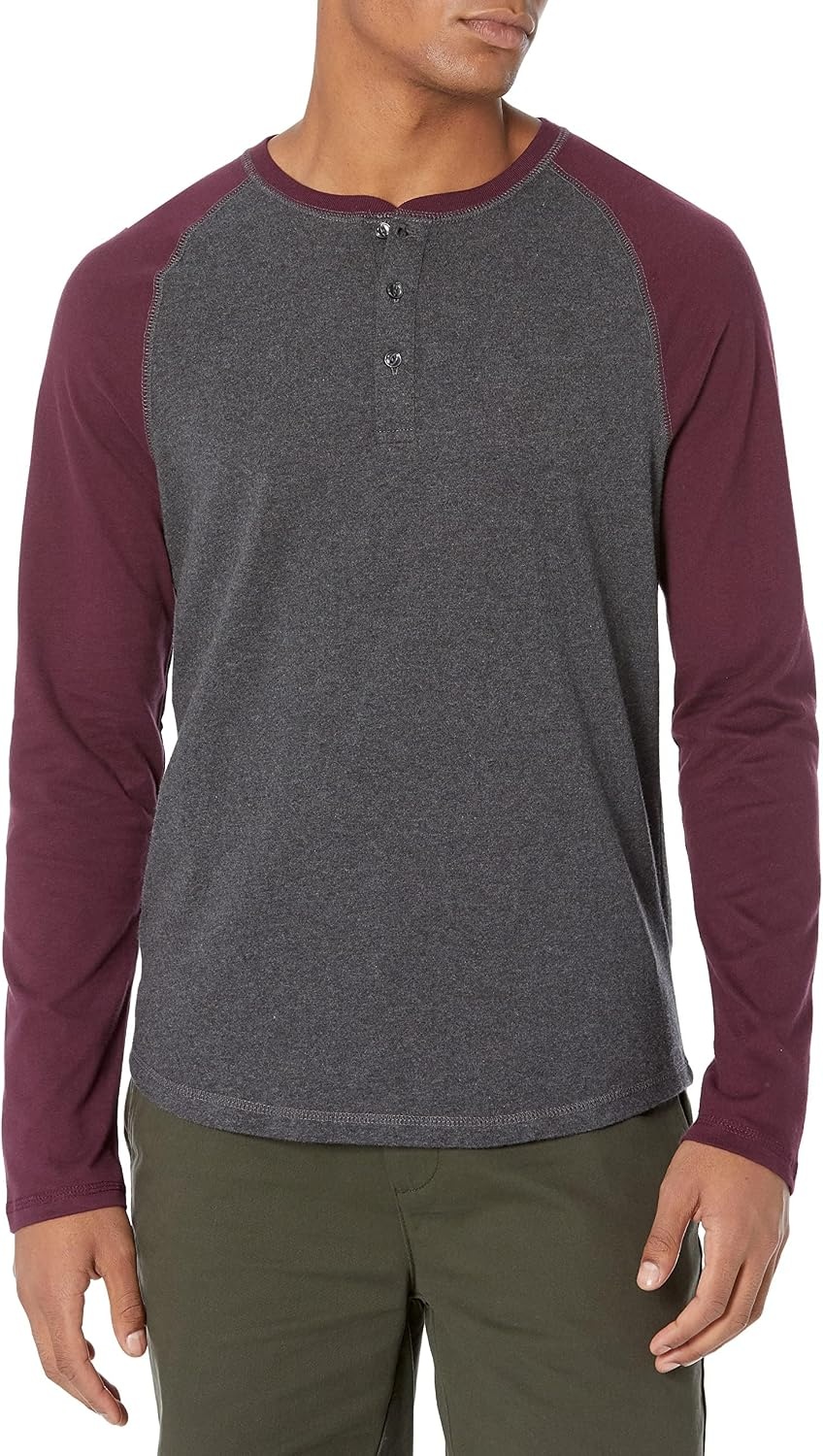image:imageAmazon Essentials Mens LongSleeve Henley ShirtCharcoal HeatherBurgundy