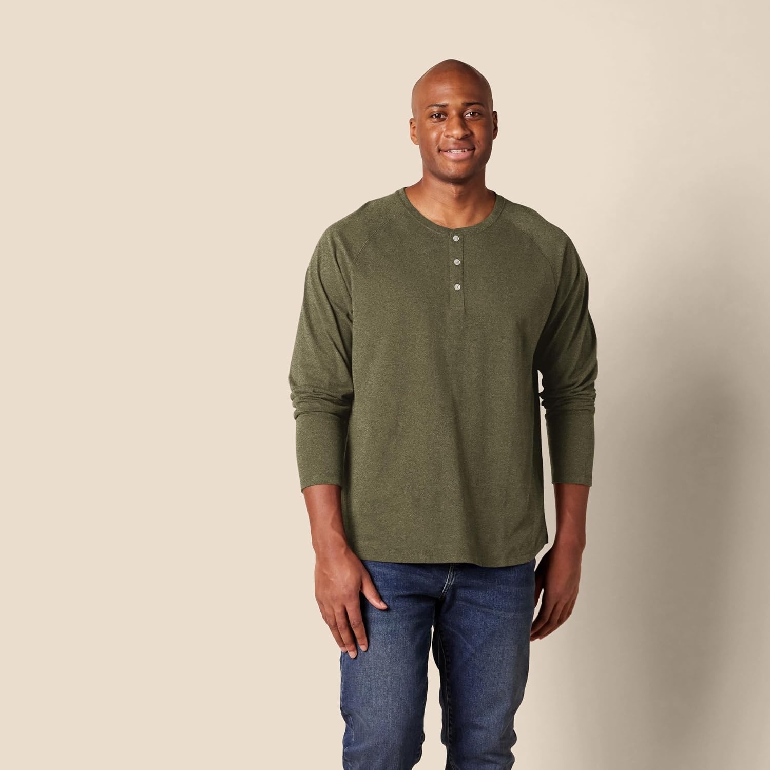image:imageAmazon Essentials Mens LongSleeve Henley ShirtOlive Heather