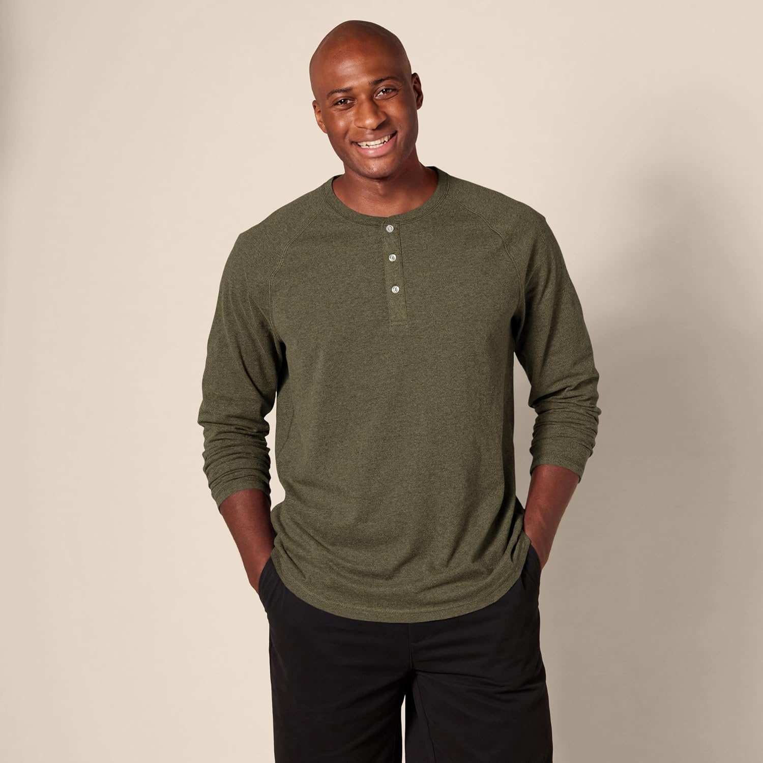 image:imageAmazon Essentials Mens LongSleeve Henley ShirtOlive Heather