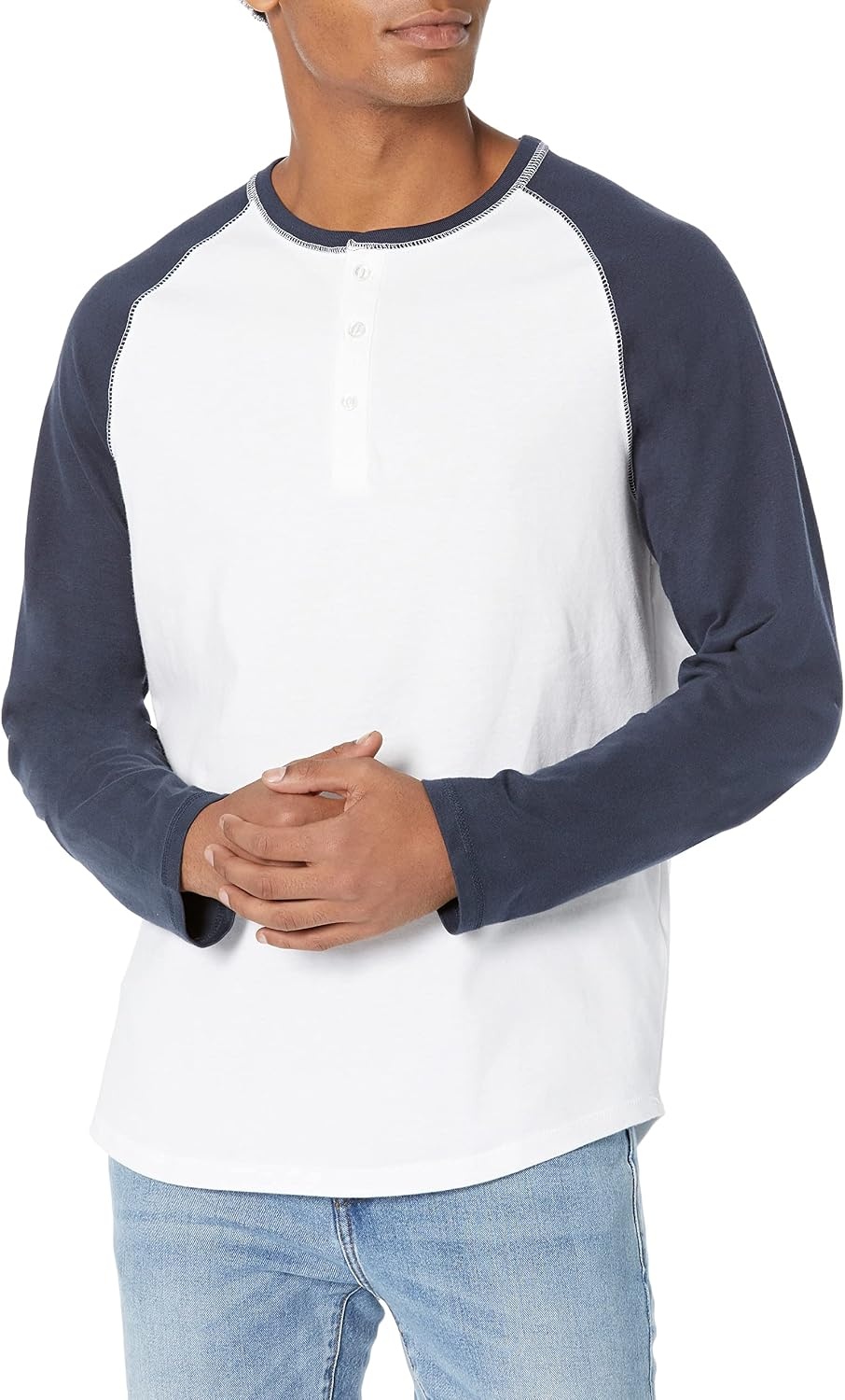 image:imageAmazon Essentials Mens LongSleeve Henley ShirtWhiteNavy
