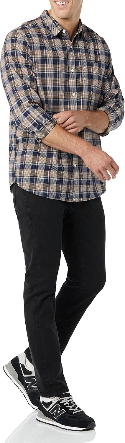image:imageAmazon Essentials Mens LongSleeve RegularFit Stretch Poplin ShirtGoldNavy Check