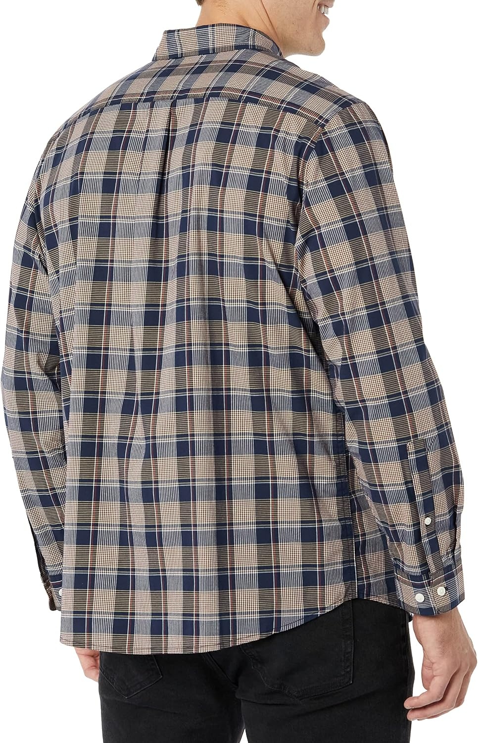 image:imageAmazon Essentials Mens LongSleeve RegularFit Stretch Poplin ShirtGoldNavy Check