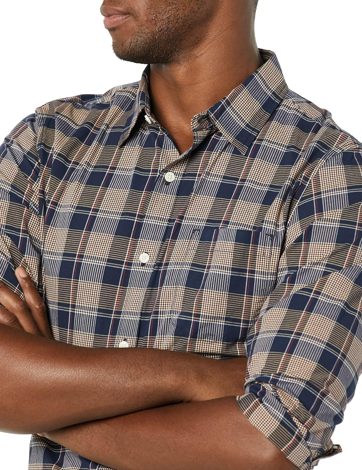 image:imageAmazon Essentials Mens LongSleeve RegularFit Stretch Poplin ShirtGoldNavy Check