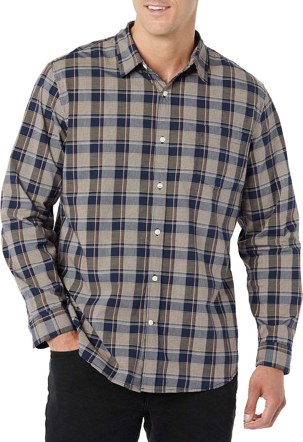 image:imageAmazon Essentials Mens LongSleeve RegularFit Stretch Poplin ShirtGoldNavy Check