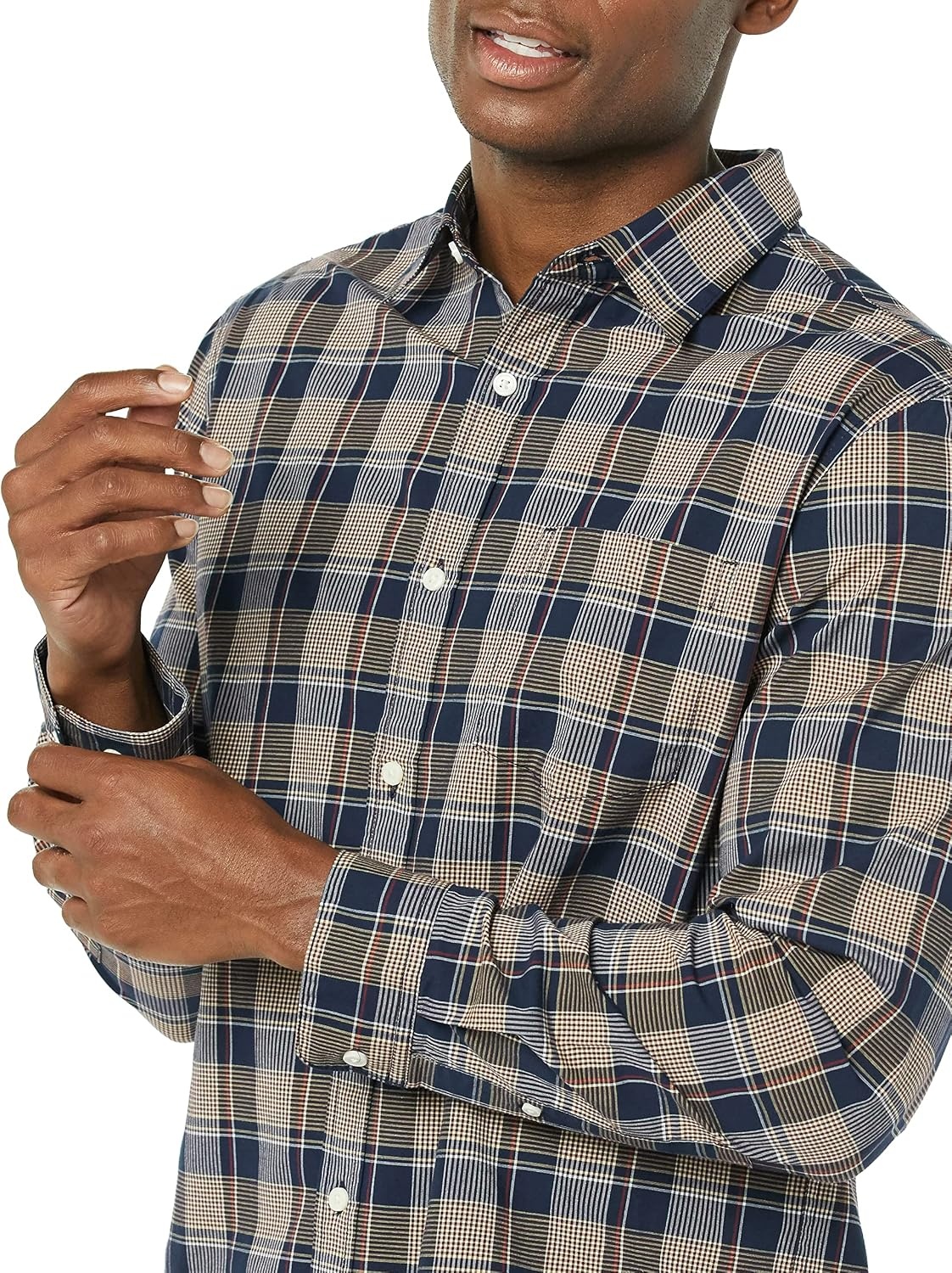 image:imageAmazon Essentials Mens LongSleeve RegularFit Stretch Poplin ShirtGoldNavy Check