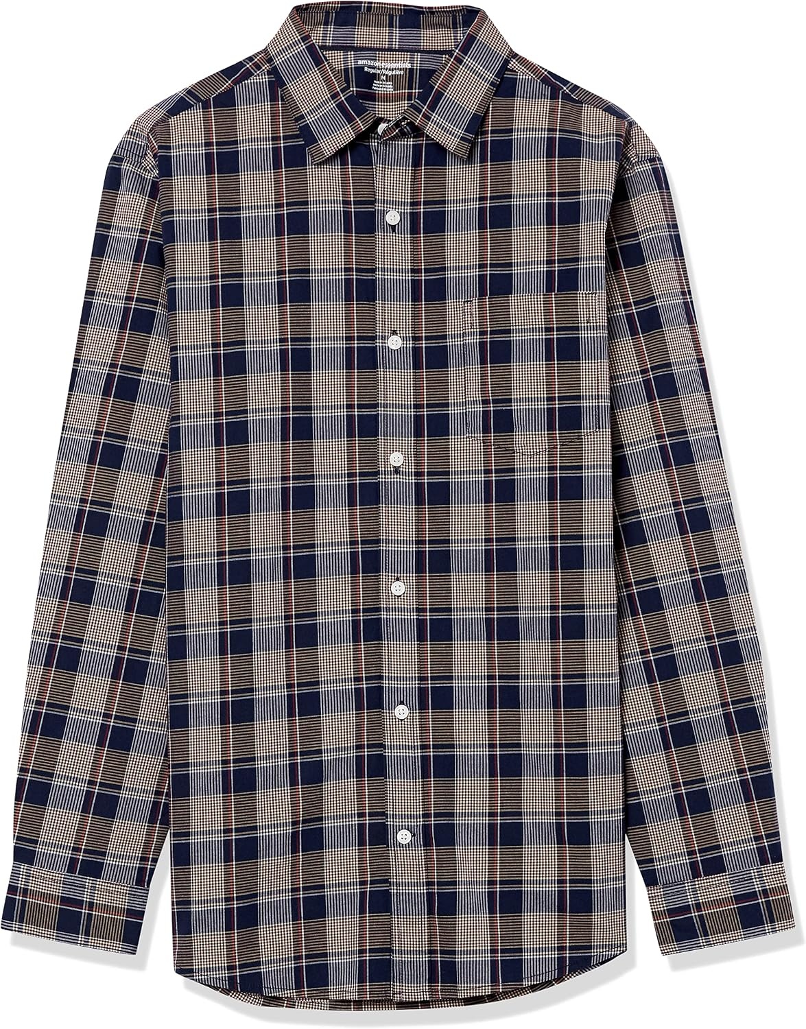 image:imageAmazon Essentials Mens LongSleeve RegularFit Stretch Poplin ShirtGoldNavy Check