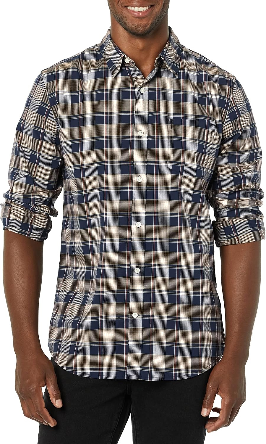 image:imageAmazon Essentials Mens LongSleeve RegularFit Stretch Poplin ShirtGoldNavy Check