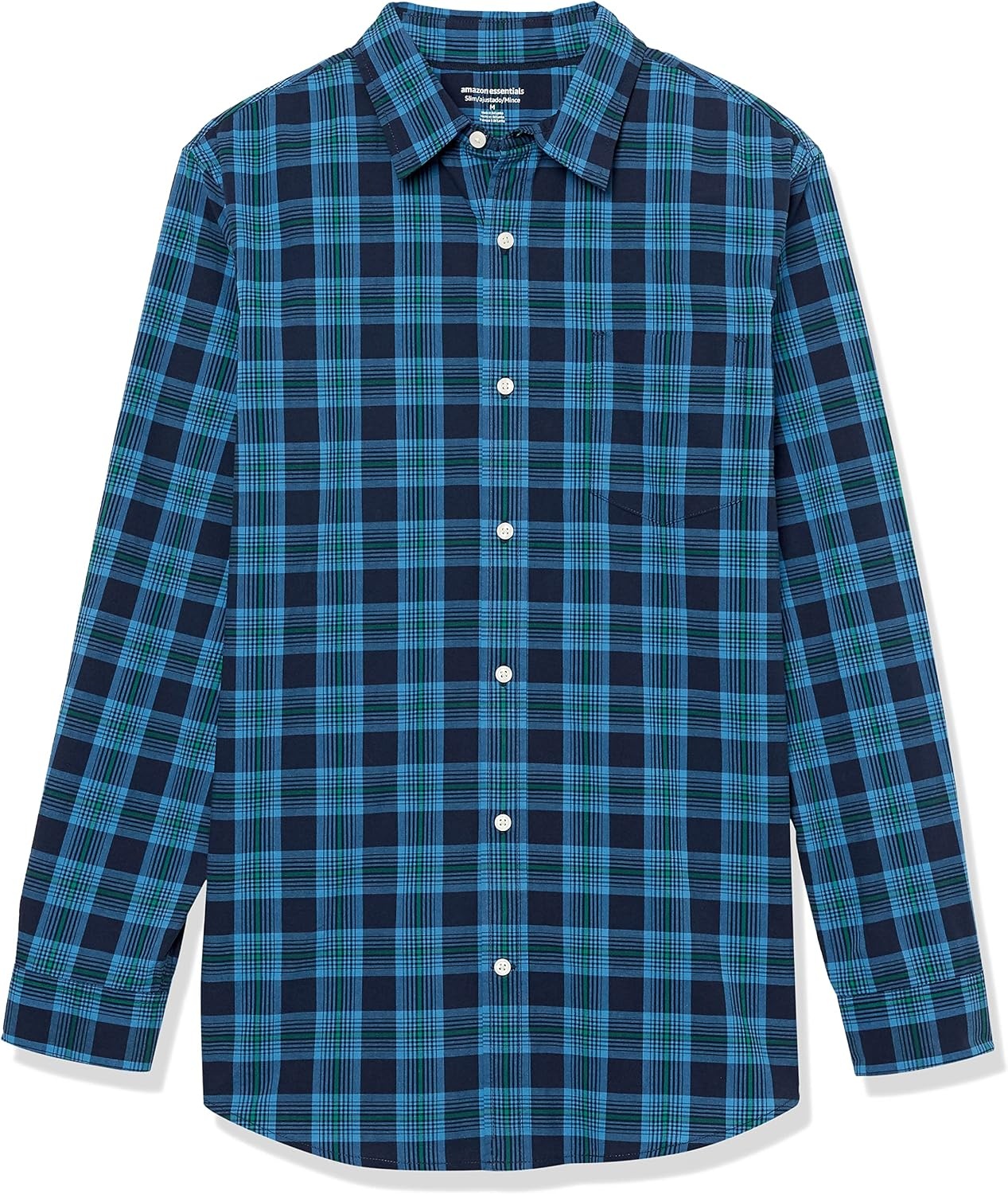 image:imageAmazon Essentials Mens LongSleeve RegularFit Stretch Poplin ShirtGreen Navy Plaid