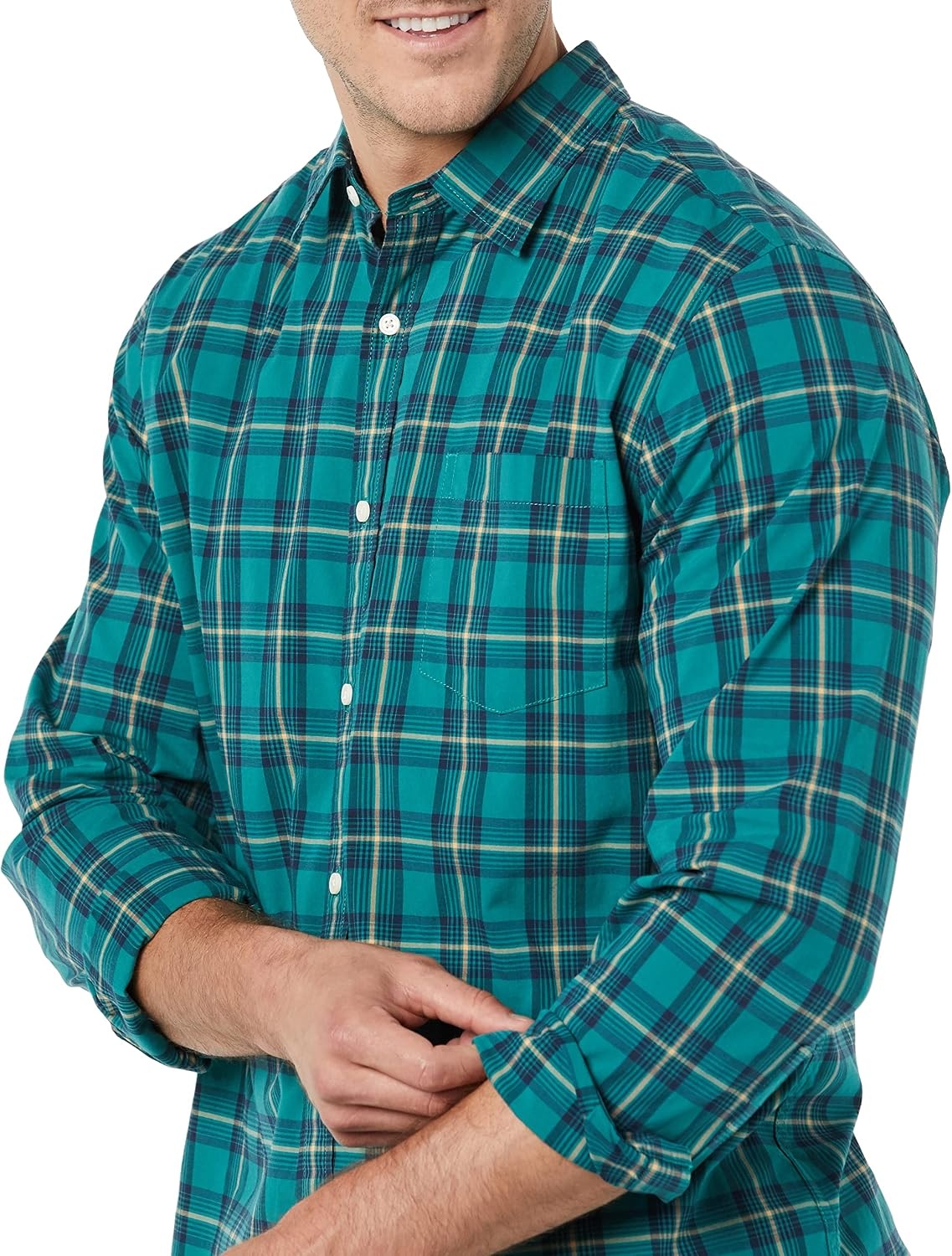 image:imageAmazon Essentials Mens LongSleeve RegularFit Stretch Poplin ShirtGreenGold Check