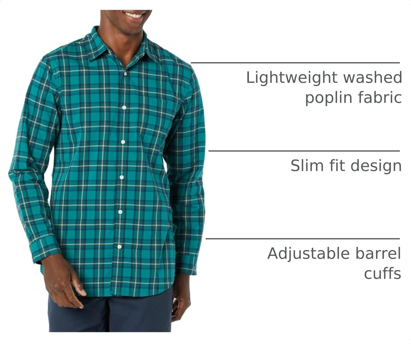 image:imageAmazon Essentials Mens LongSleeve RegularFit Stretch Poplin ShirtGreenGold Check