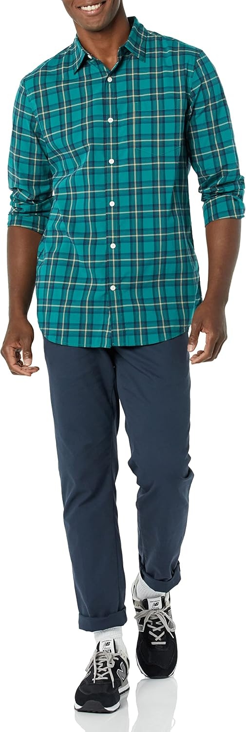 image:imageAmazon Essentials Mens LongSleeve RegularFit Stretch Poplin ShirtGreenGold Check