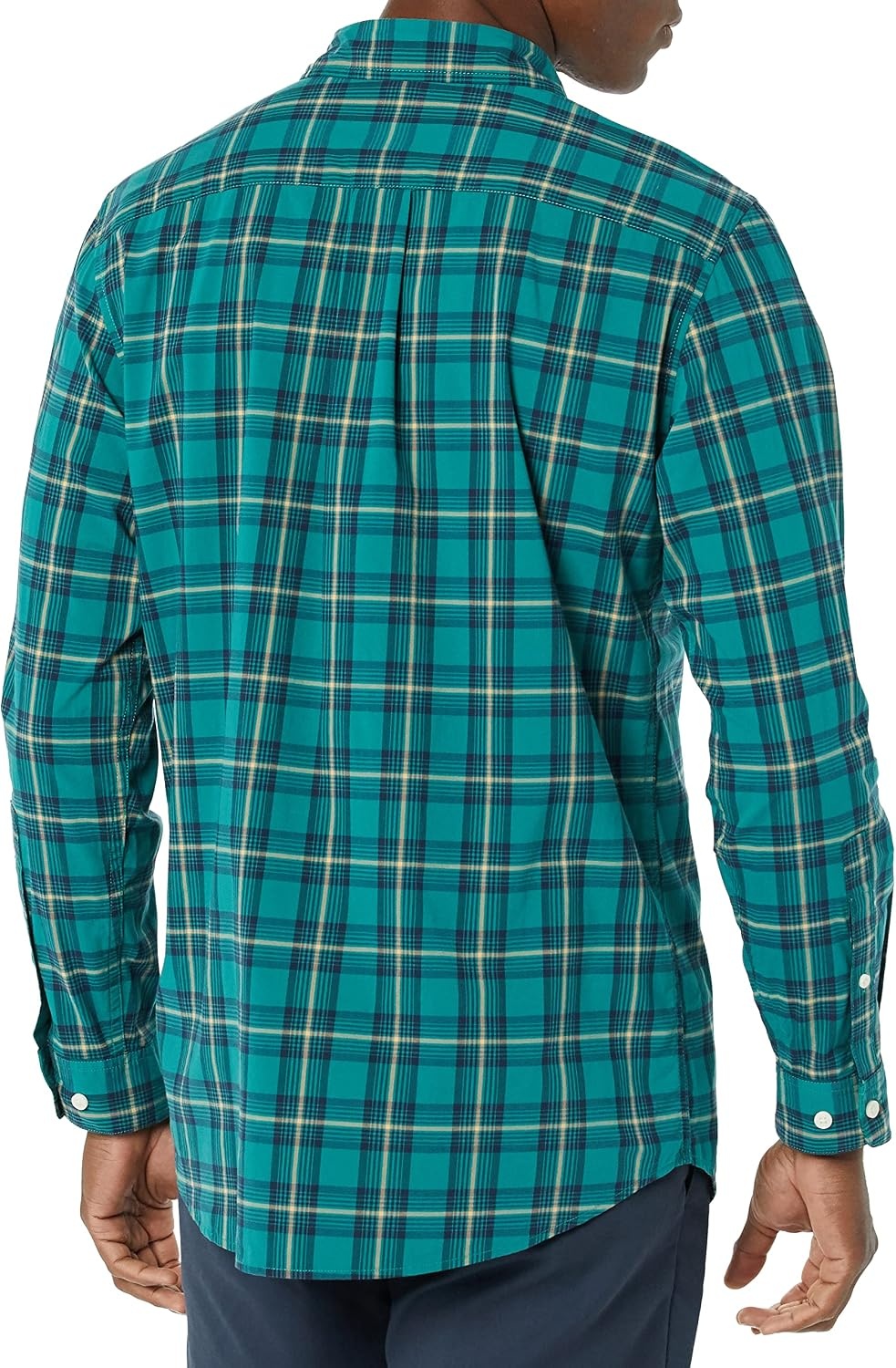 image:imageAmazon Essentials Mens LongSleeve RegularFit Stretch Poplin ShirtGreenGold Check
