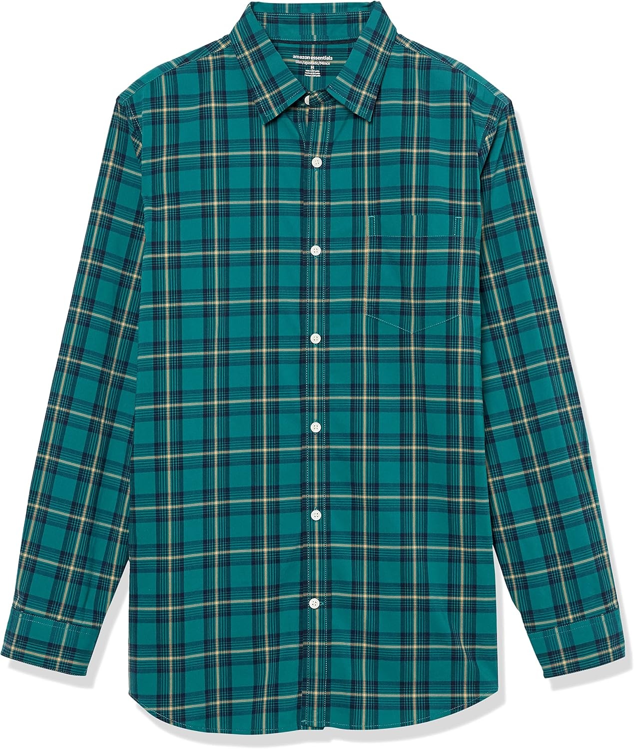 image:imageAmazon Essentials Mens LongSleeve RegularFit Stretch Poplin ShirtGreenGold Check