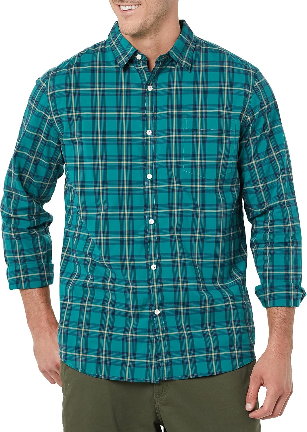 image:imageAmazon Essentials Mens LongSleeve RegularFit Stretch Poplin ShirtGreenGold Check