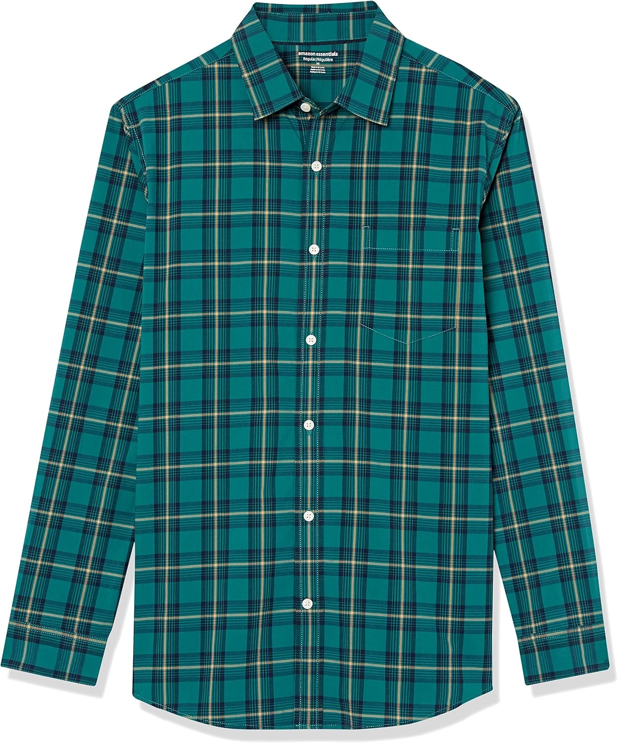 image:imageAmazon Essentials Mens LongSleeve RegularFit Stretch Poplin ShirtGreenGold Check