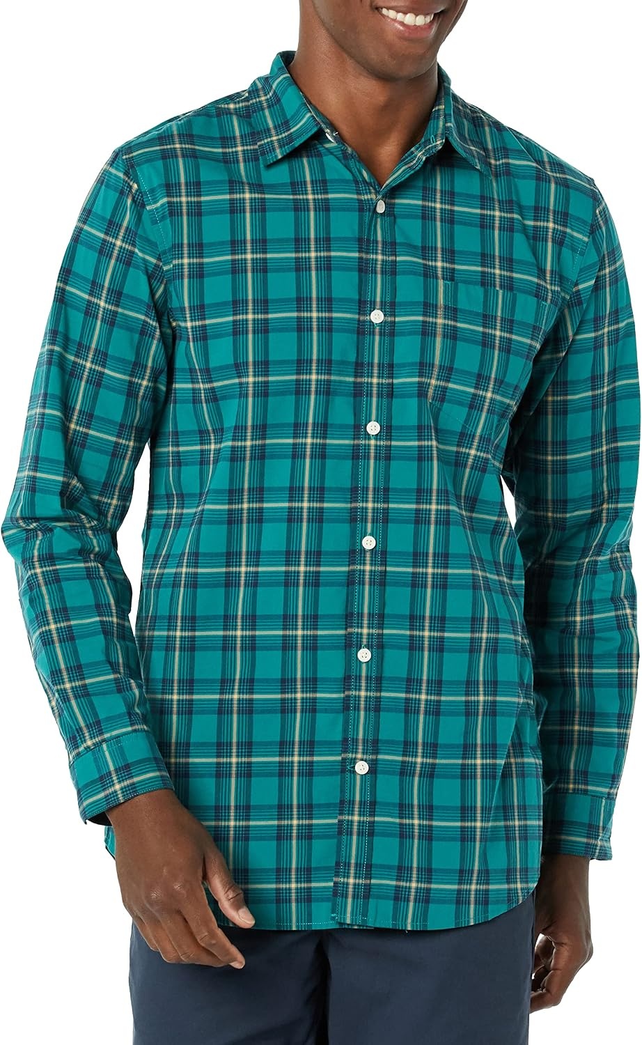 image:imageAmazon Essentials Mens LongSleeve RegularFit Stretch Poplin ShirtGreenGold Check