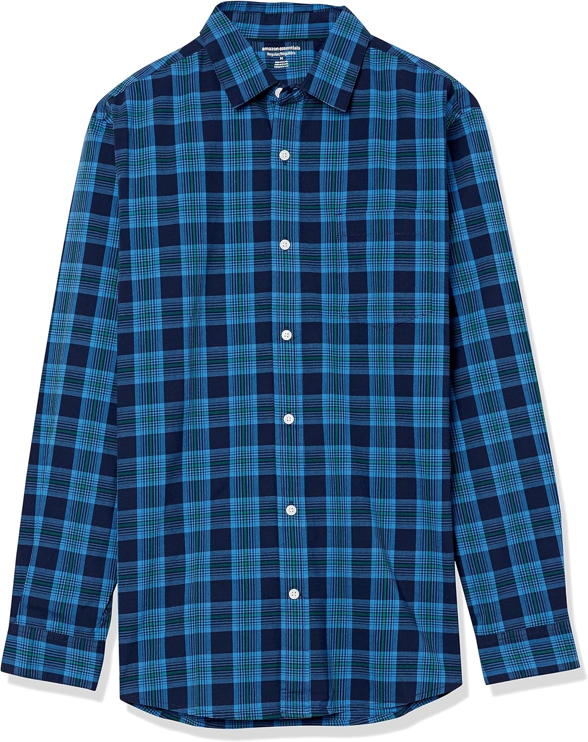 image:imageAmazon Essentials Mens LongSleeve RegularFit Stretch Poplin ShirtIndigo Navy Plaid