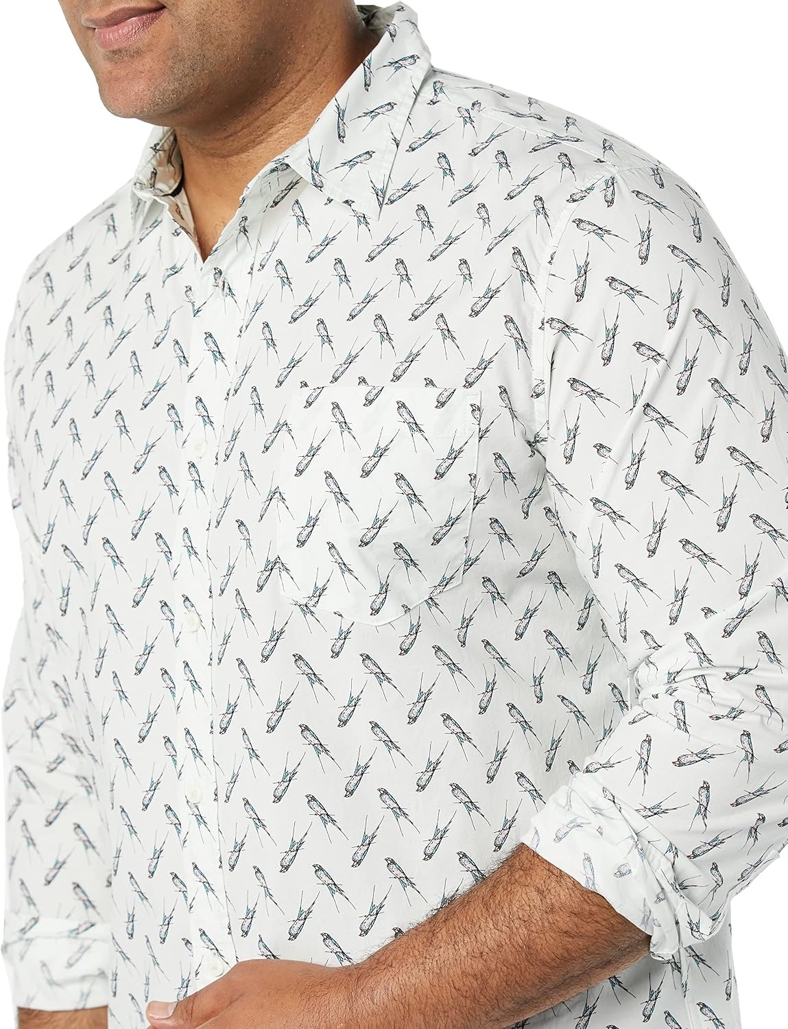 image:imageAmazon Essentials Mens LongSleeve RegularFit Stretch Poplin ShirtLight Blue Bird Print