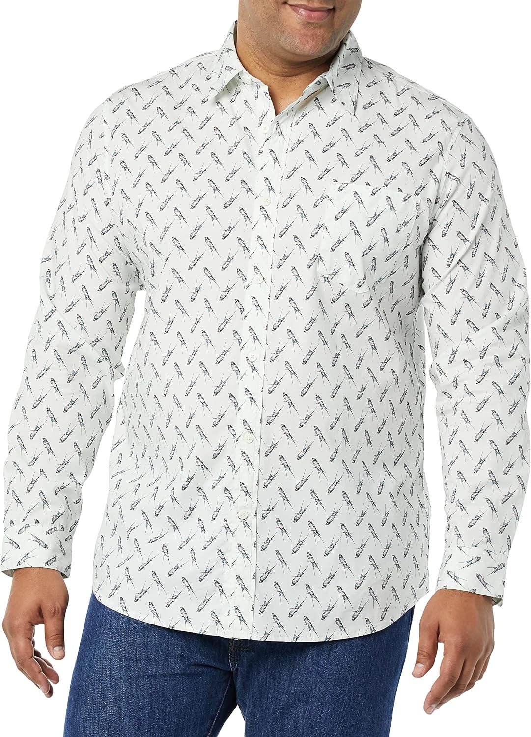 image:imageAmazon Essentials Mens LongSleeve RegularFit Stretch Poplin ShirtLight Blue Bird Print