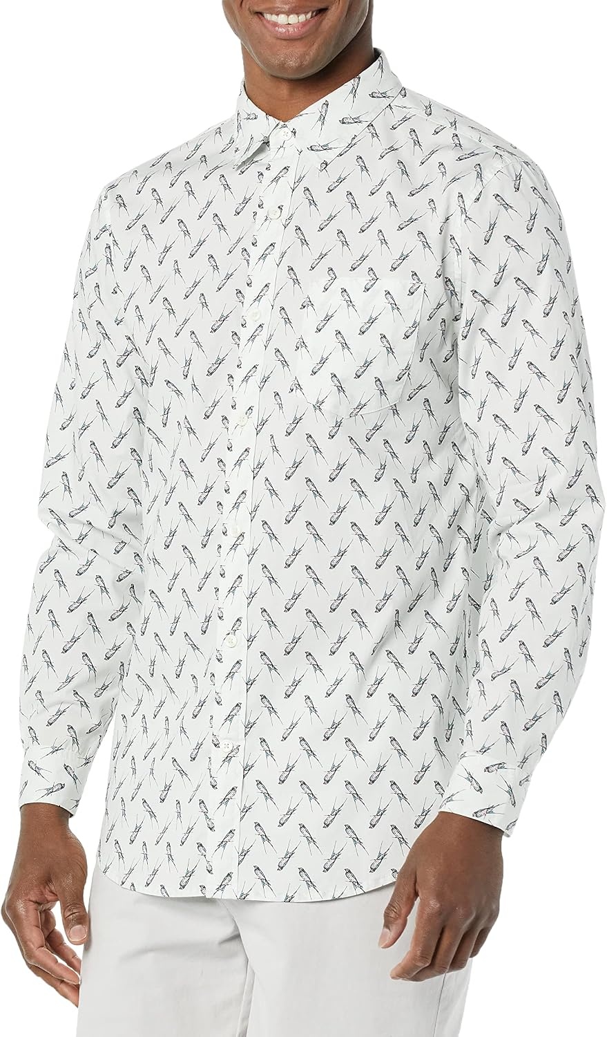 image:imageAmazon Essentials Mens LongSleeve RegularFit Stretch Poplin ShirtLight Blue Bird Print