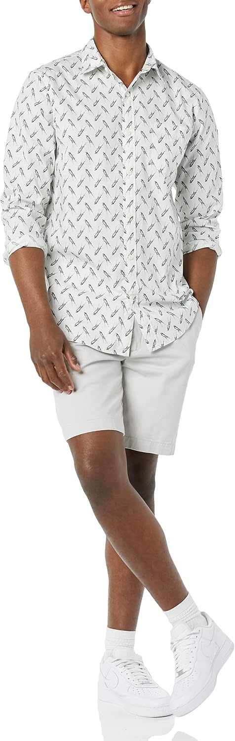image:imageAmazon Essentials Mens LongSleeve RegularFit Stretch Poplin ShirtLight Blue Bird Print