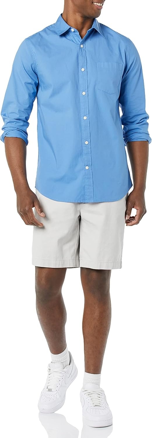 image:imageAmazon Essentials Mens LongSleeve RegularFit Stretch Poplin ShirtLight Blue