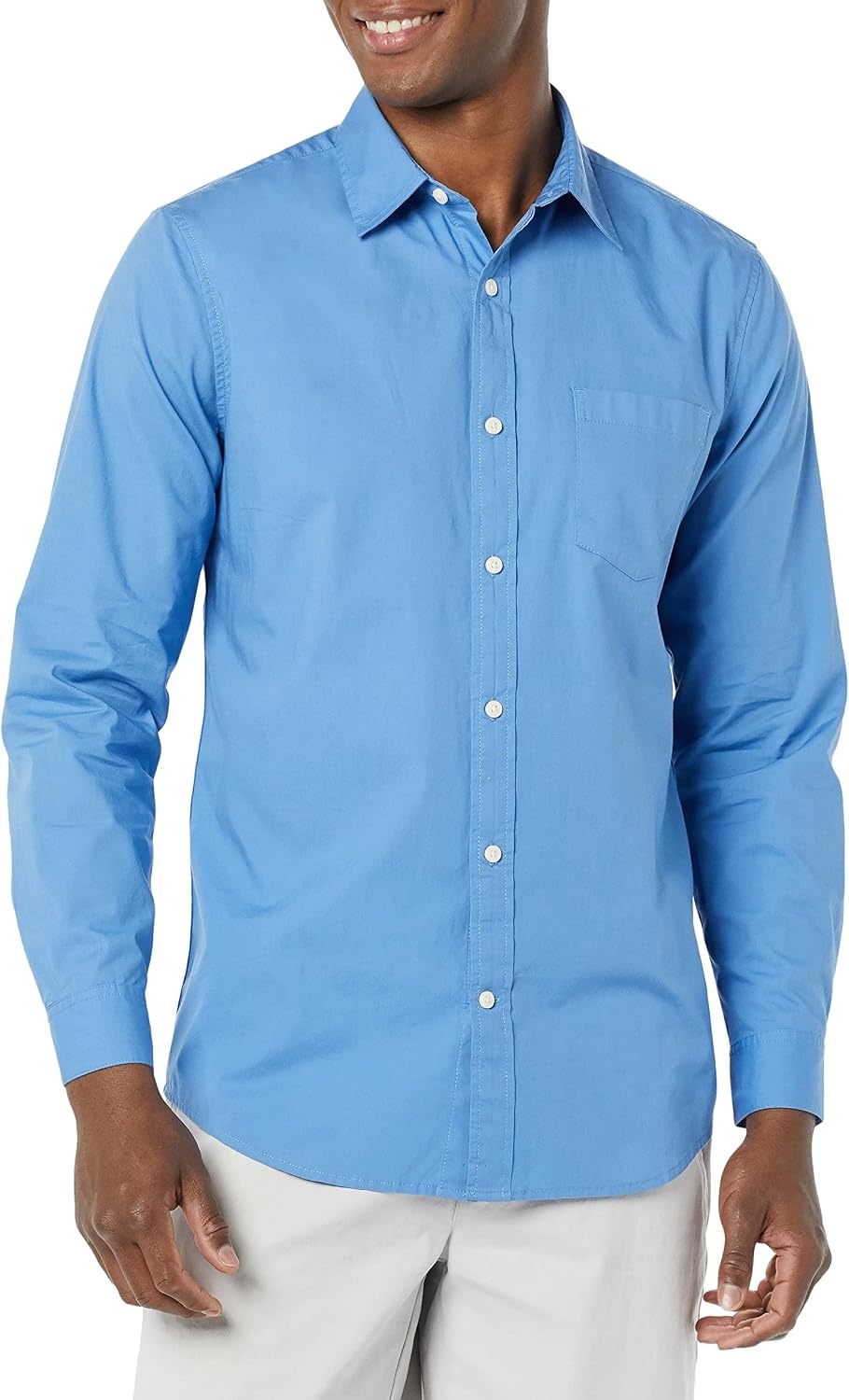image:imageAmazon Essentials Mens LongSleeve RegularFit Stretch Poplin ShirtLight Blue