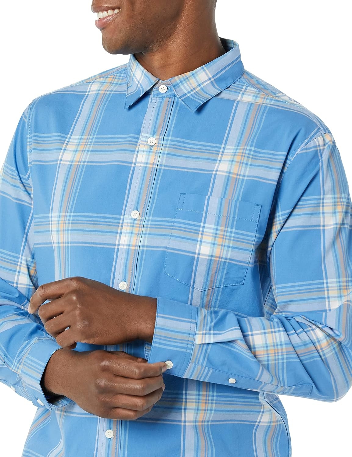 image:imageAmazon Essentials Mens LongSleeve RegularFit Stretch Poplin ShirtLight BlueIndigo Plaid