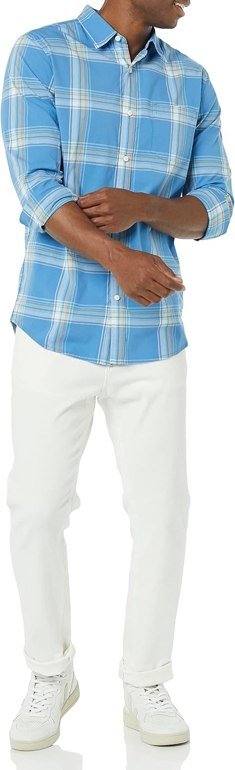 image:imageAmazon Essentials Mens LongSleeve RegularFit Stretch Poplin ShirtLight BlueIndigo Plaid