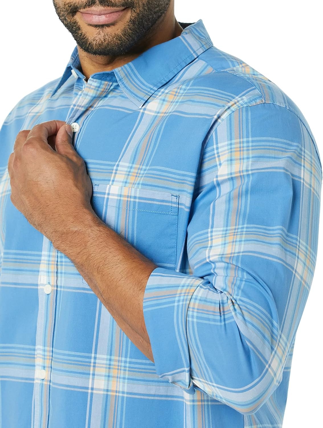 image:imageAmazon Essentials Mens LongSleeve RegularFit Stretch Poplin ShirtLight BlueIndigo Plaid