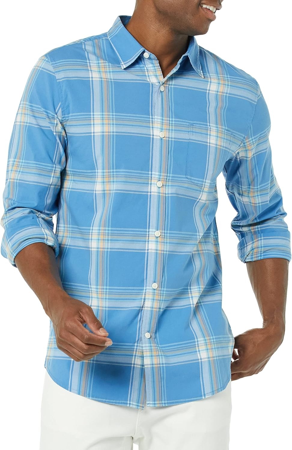 image:imageAmazon Essentials Mens LongSleeve RegularFit Stretch Poplin ShirtLight BlueIndigo Plaid