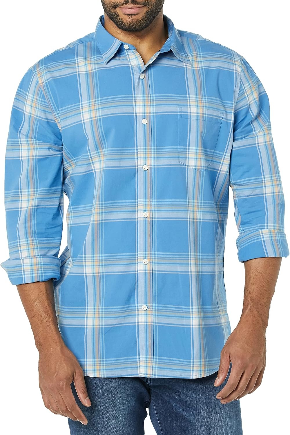 image:imageAmazon Essentials Mens LongSleeve RegularFit Stretch Poplin ShirtLight BlueIndigo Plaid