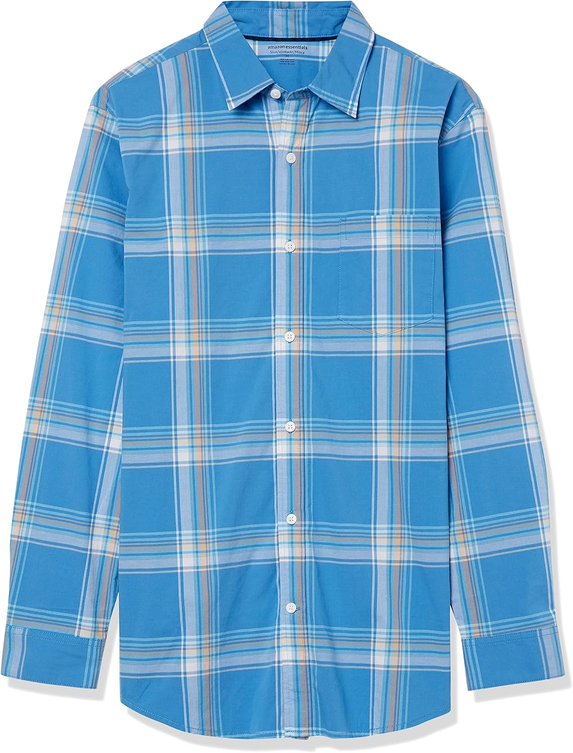 image:imageAmazon Essentials Mens LongSleeve RegularFit Stretch Poplin ShirtLight BlueIndigo Plaid