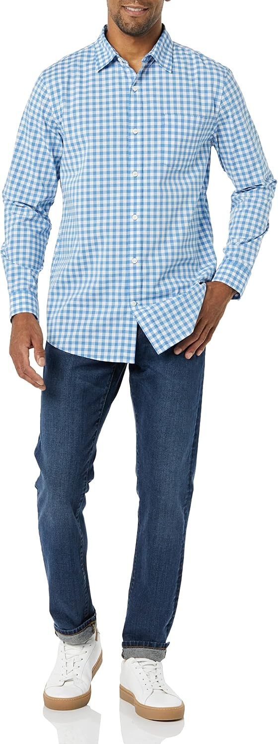 image:imageAmazon Essentials Mens LongSleeve RegularFit Stretch Poplin ShirtLight BlueWhite Gingham