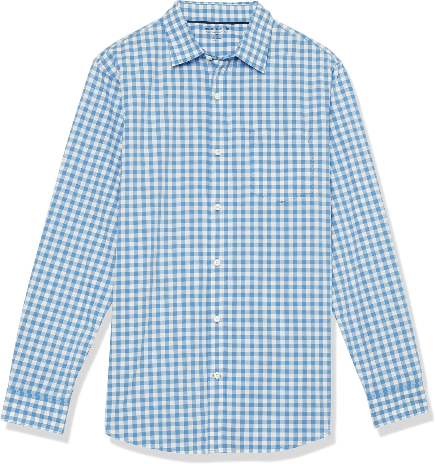 image:imageAmazon Essentials Mens LongSleeve RegularFit Stretch Poplin ShirtLight BlueWhite Gingham
