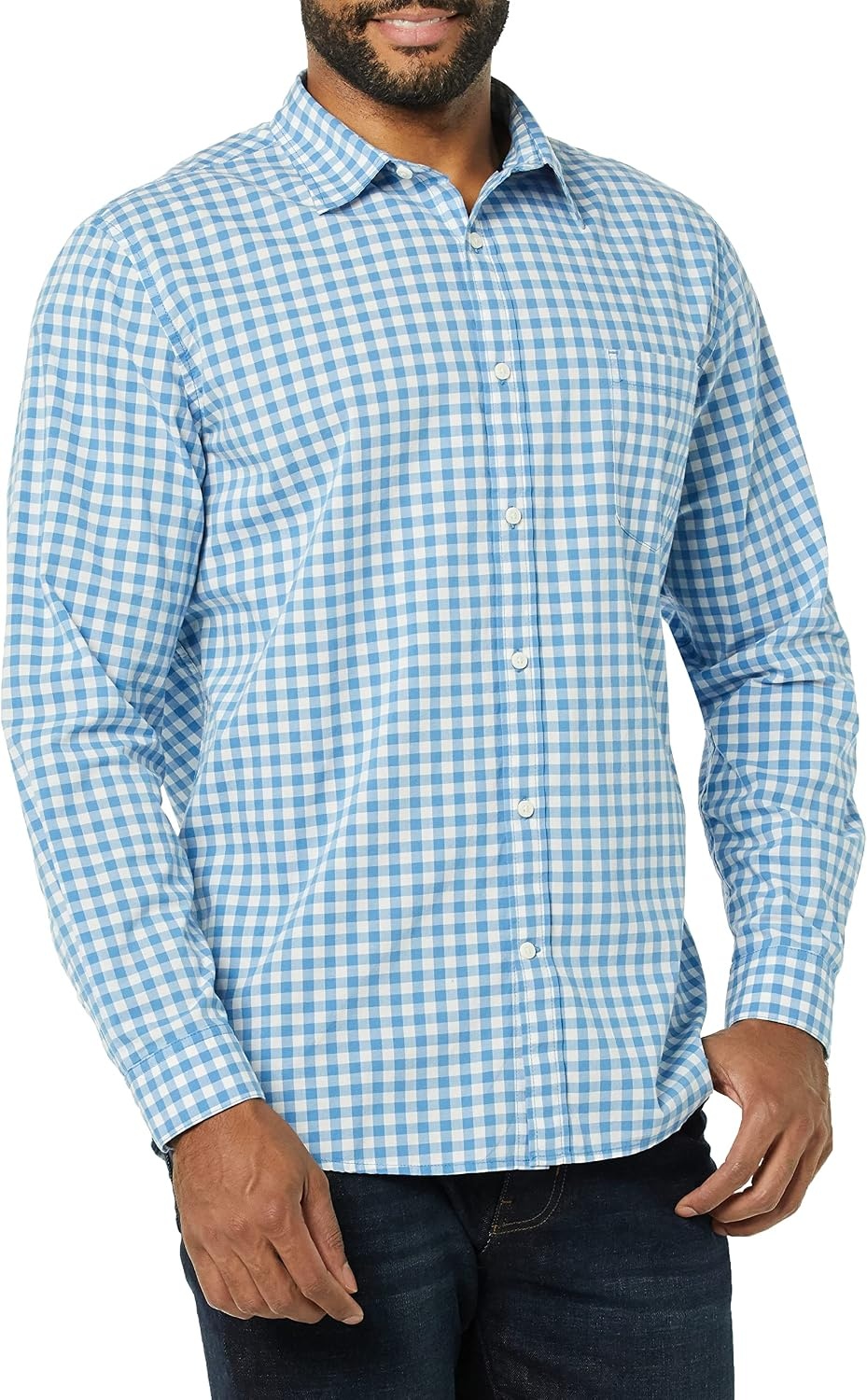 image:imageAmazon Essentials Mens LongSleeve RegularFit Stretch Poplin ShirtLight BlueWhite Gingham