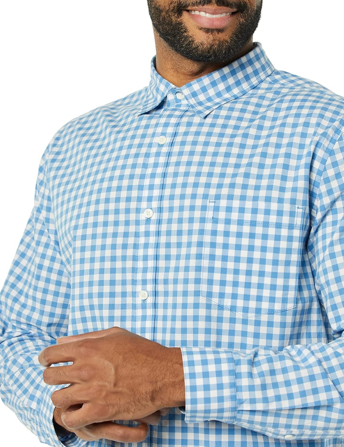 image:imageAmazon Essentials Mens LongSleeve RegularFit Stretch Poplin ShirtLight BlueWhite Gingham
