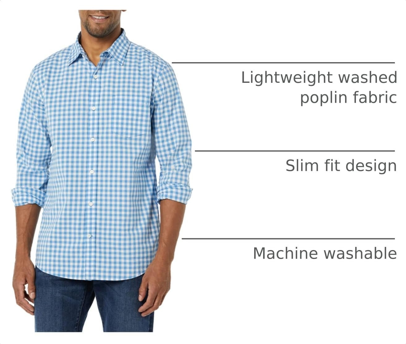 image:imageAmazon Essentials Mens LongSleeve RegularFit Stretch Poplin ShirtLight BlueWhite Gingham