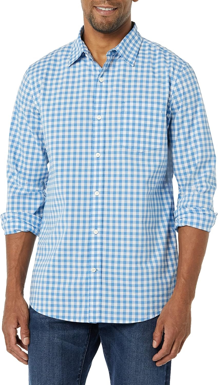 image:imageAmazon Essentials Mens LongSleeve RegularFit Stretch Poplin ShirtLight BlueWhite Gingham