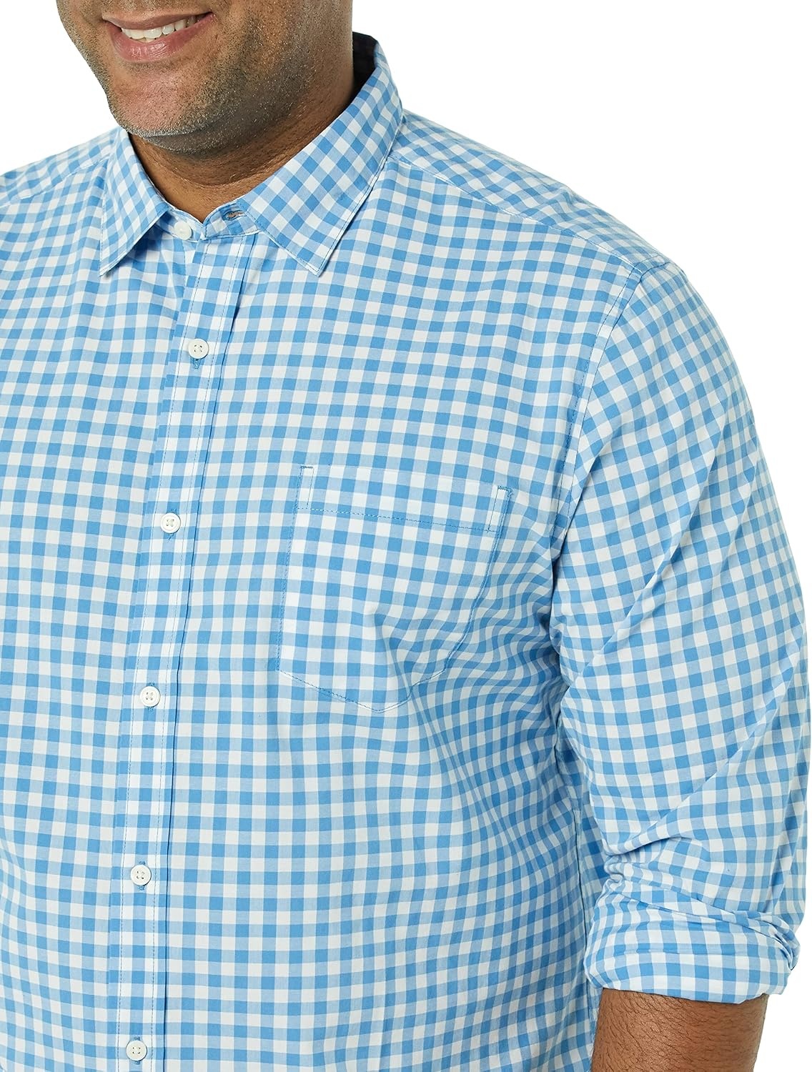 image:imageAmazon Essentials Mens LongSleeve RegularFit Stretch Poplin ShirtLight BlueWhite Gingham