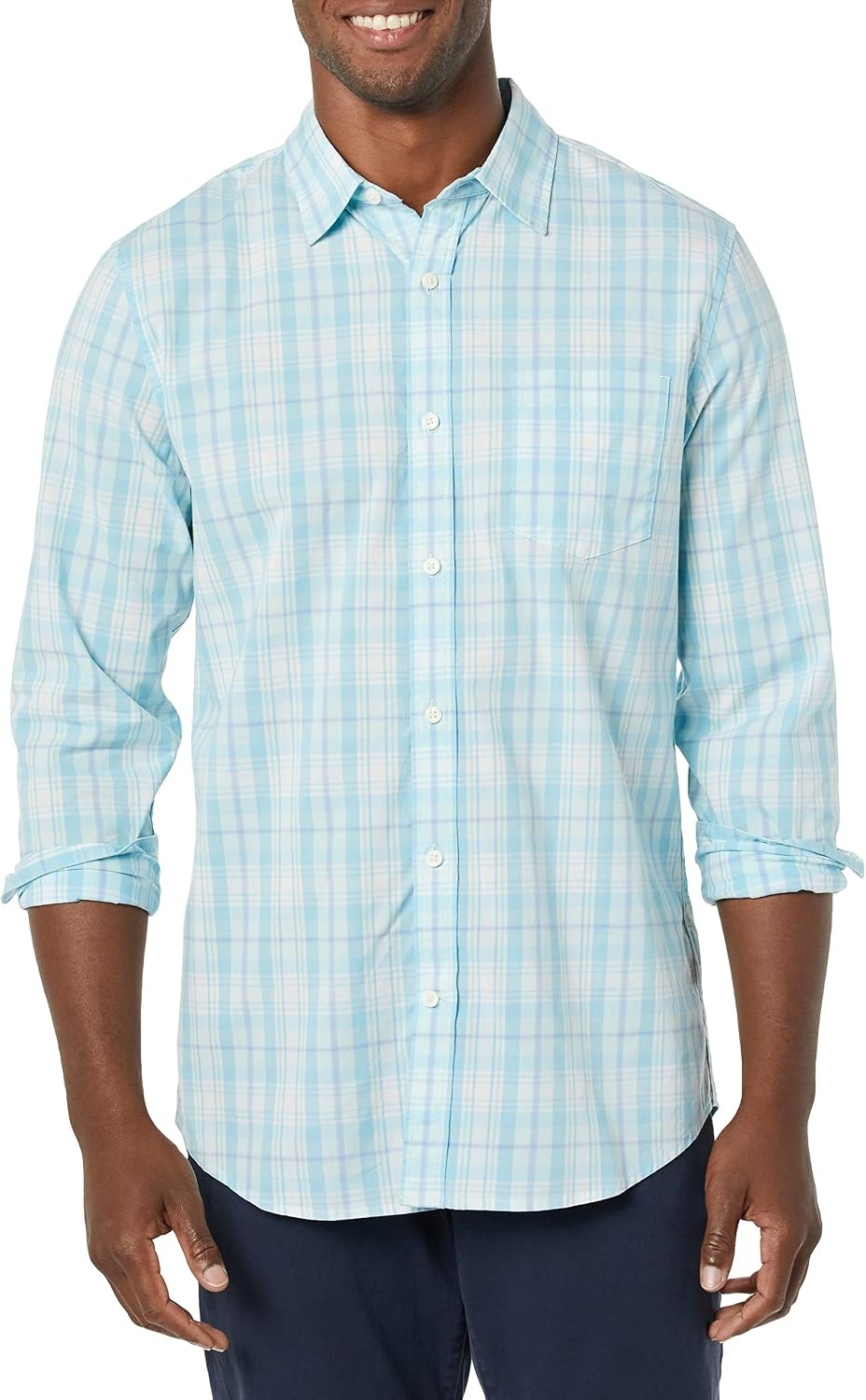 image:imageAmazon Essentials Mens LongSleeve RegularFit Stretch Poplin ShirtLight BlueWhite Plaid