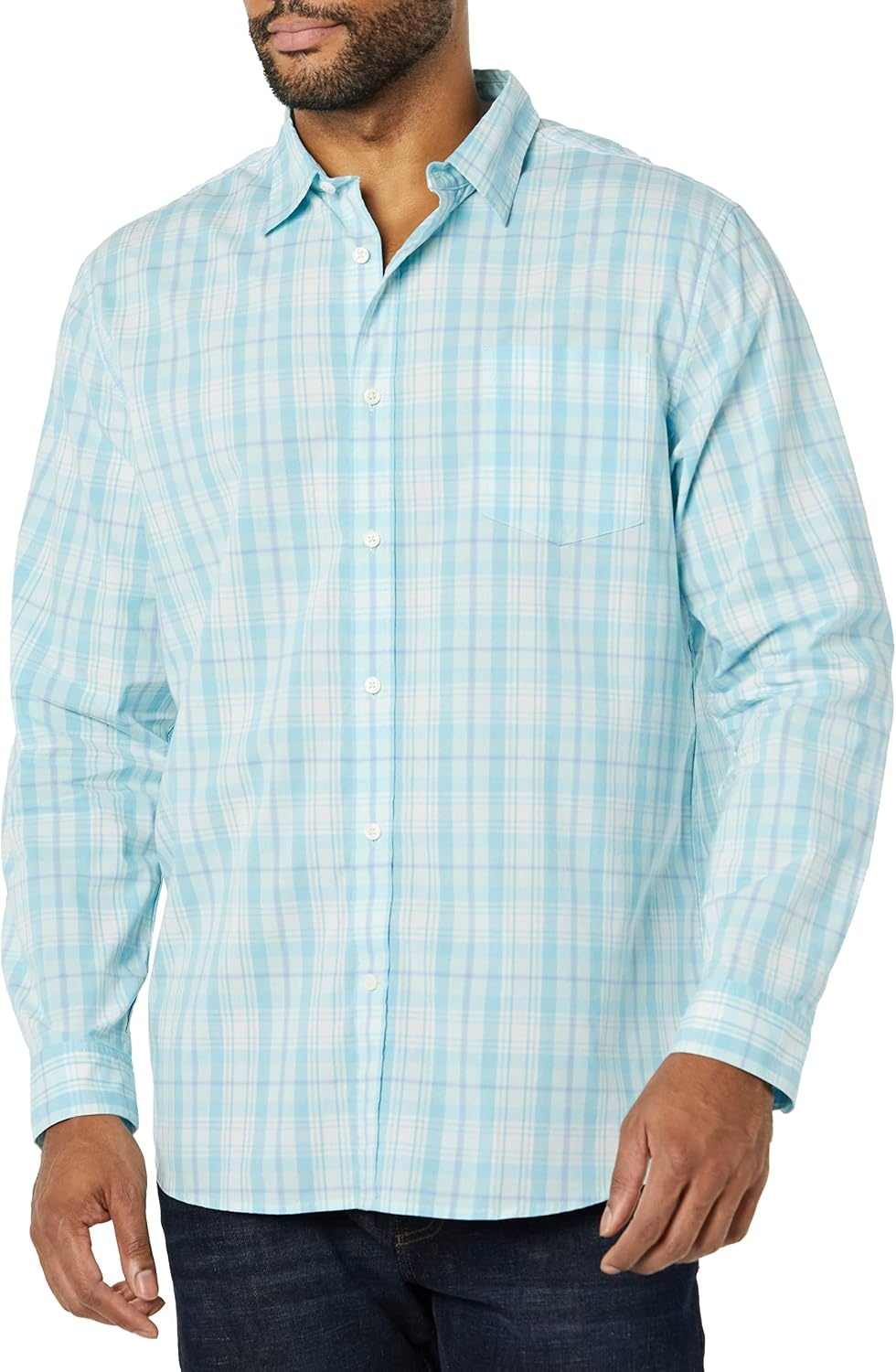 image:imageAmazon Essentials Mens LongSleeve RegularFit Stretch Poplin ShirtLight BlueWhite Plaid